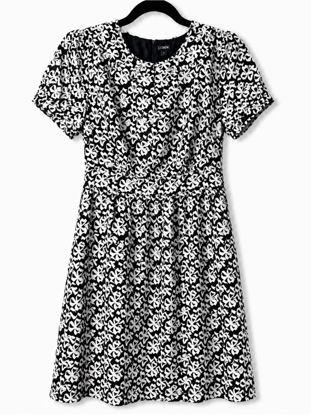 J.Crew Small Black White Bow Print Fit & Flare Dress Short Sleeve Size 6